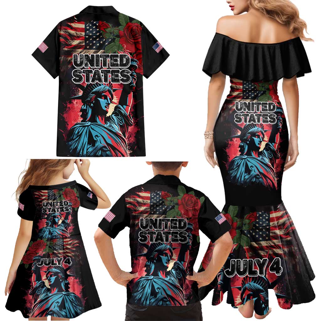 United States Independence Day Family Matching Mermaid Dress and Hawaiian Shirt The 4th of July Statue of Liberty Retro Style - Wonder Print Shop