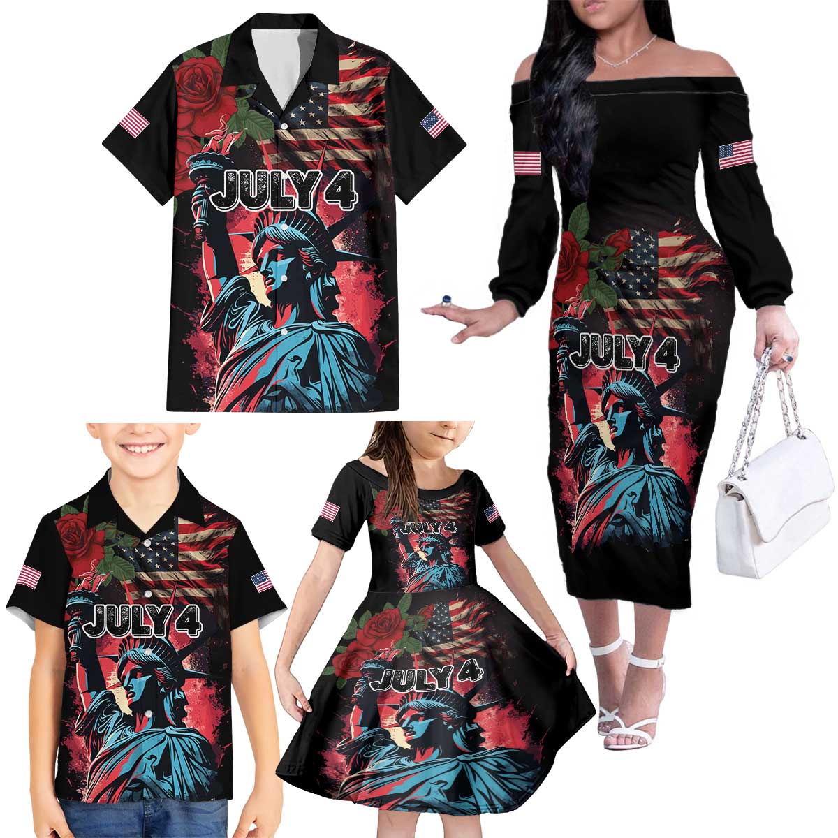 United States Independence Day Family Matching Off The Shoulder Long Sleeve Dress and Hawaiian Shirt The 4th of July Statue of Liberty Retro Style - Wonder Print Shop