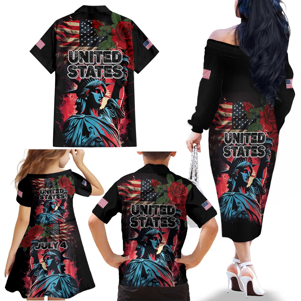United States Independence Day Family Matching Off The Shoulder Long Sleeve Dress and Hawaiian Shirt The 4th of July Statue of Liberty Retro Style - Wonder Print Shop