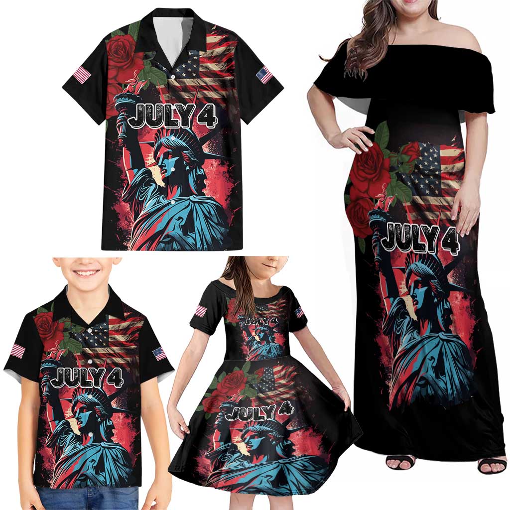 United States Independence Day Family Matching Off Shoulder Maxi Dress and Hawaiian Shirt The 4th of July Statue of Liberty Retro Style - Wonder Print Shop
