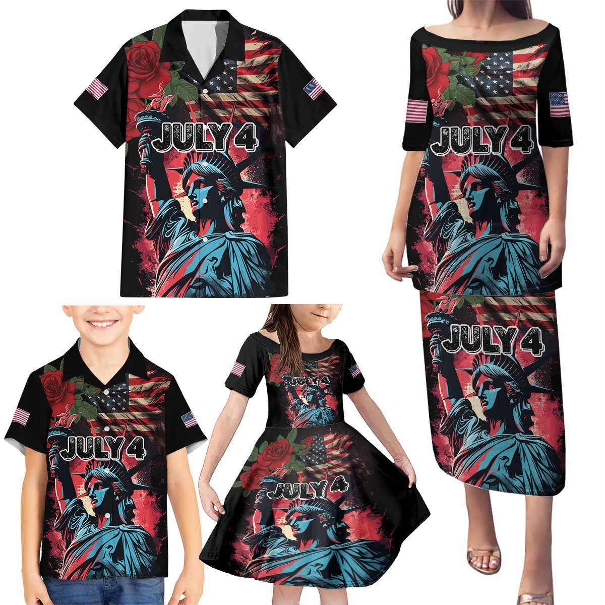 United States Independence Day Family Matching Puletasi and Hawaiian Shirt The 4th of July Statue of Liberty Retro Style - Wonder Print Shop
