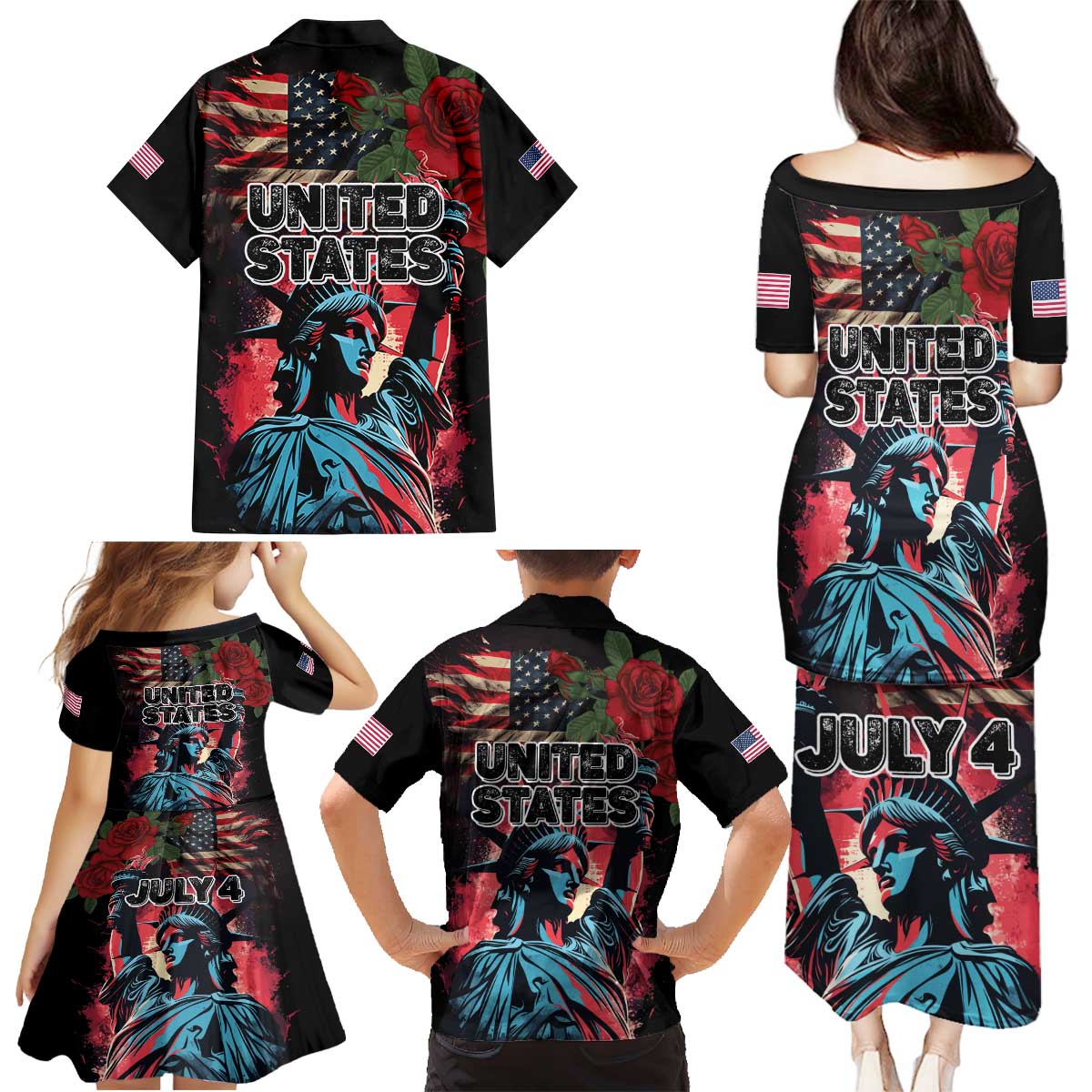 United States Independence Day Family Matching Puletasi and Hawaiian Shirt The 4th of July Statue of Liberty Retro Style - Wonder Print Shop
