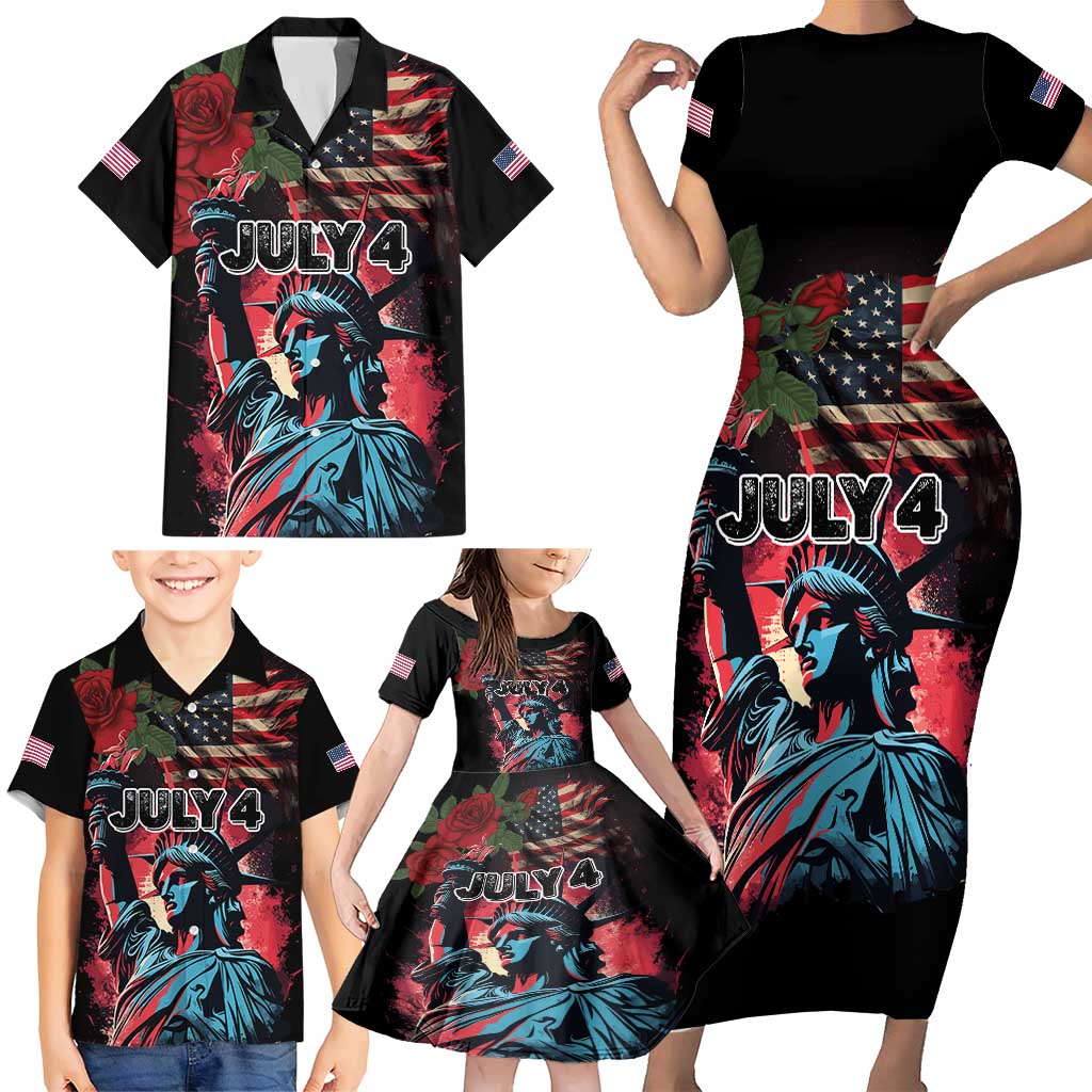 United States Independence Day Family Matching Short Sleeve Bodycon Dress and Hawaiian Shirt The 4th of July Statue of Liberty Retro Style - Wonder Print Shop