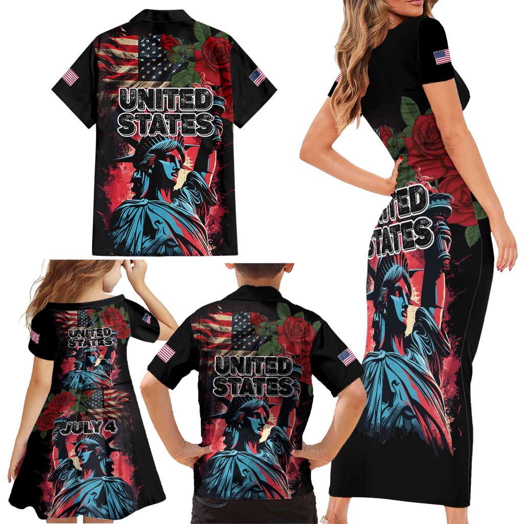 United States Independence Day Family Matching Short Sleeve Bodycon Dress and Hawaiian Shirt The 4th of July Statue of Liberty Retro Style - Wonder Print Shop