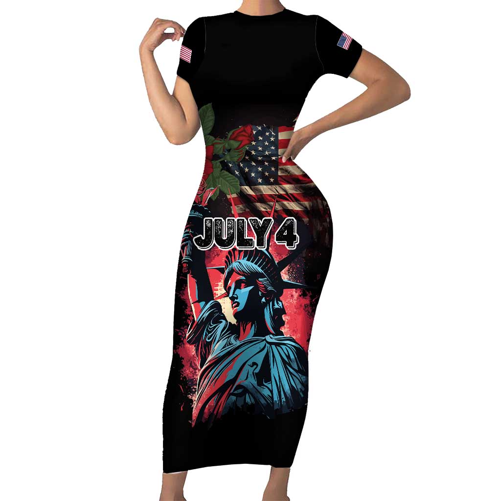 United States Independence Day Family Matching Short Sleeve Bodycon Dress and Hawaiian Shirt The 4th of July Statue of Liberty Retro Style - Wonder Print Shop