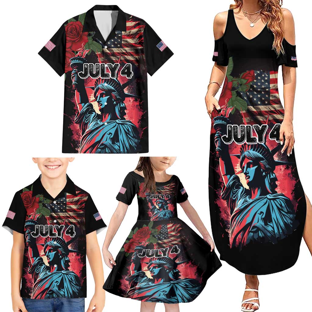 United States Independence Day Family Matching Summer Maxi Dress and Hawaiian Shirt The 4th of July Statue of Liberty Retro Style - Wonder Print Shop