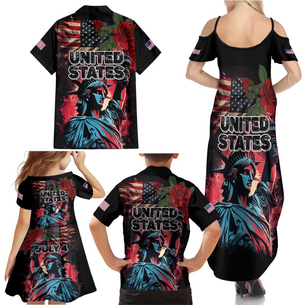 United States Independence Day Family Matching Summer Maxi Dress and Hawaiian Shirt The 4th of July Statue of Liberty Retro Style - Wonder Print Shop