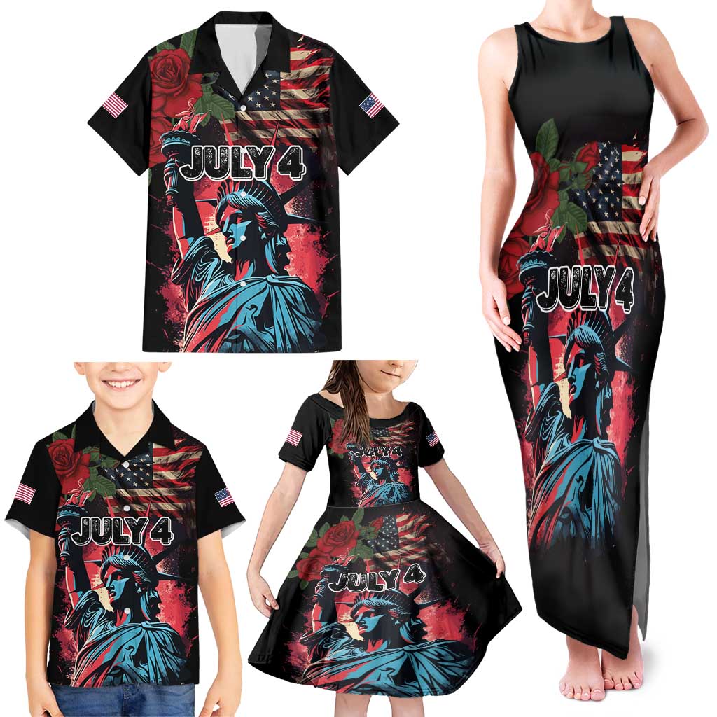 United States Independence Day Family Matching Tank Maxi Dress and Hawaiian Shirt The 4th of July Statue of Liberty Retro Style - Wonder Print Shop
