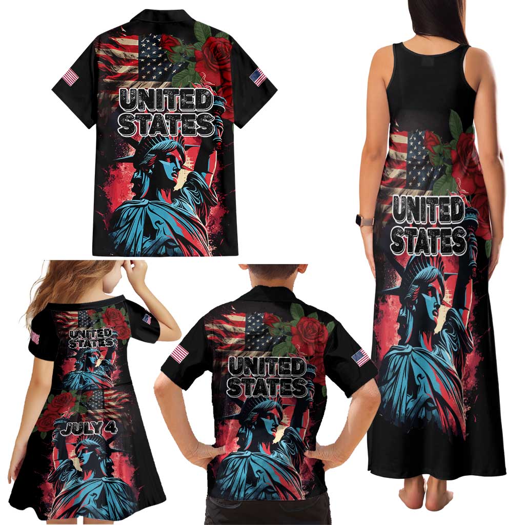 United States Independence Day Family Matching Tank Maxi Dress and Hawaiian Shirt The 4th of July Statue of Liberty Retro Style - Wonder Print Shop