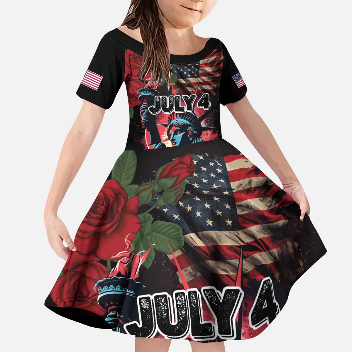 United States Independence Day Kid Short Sleeve Dress The 4th of July Statue of Liberty Retro Style - Wonder Print Shop