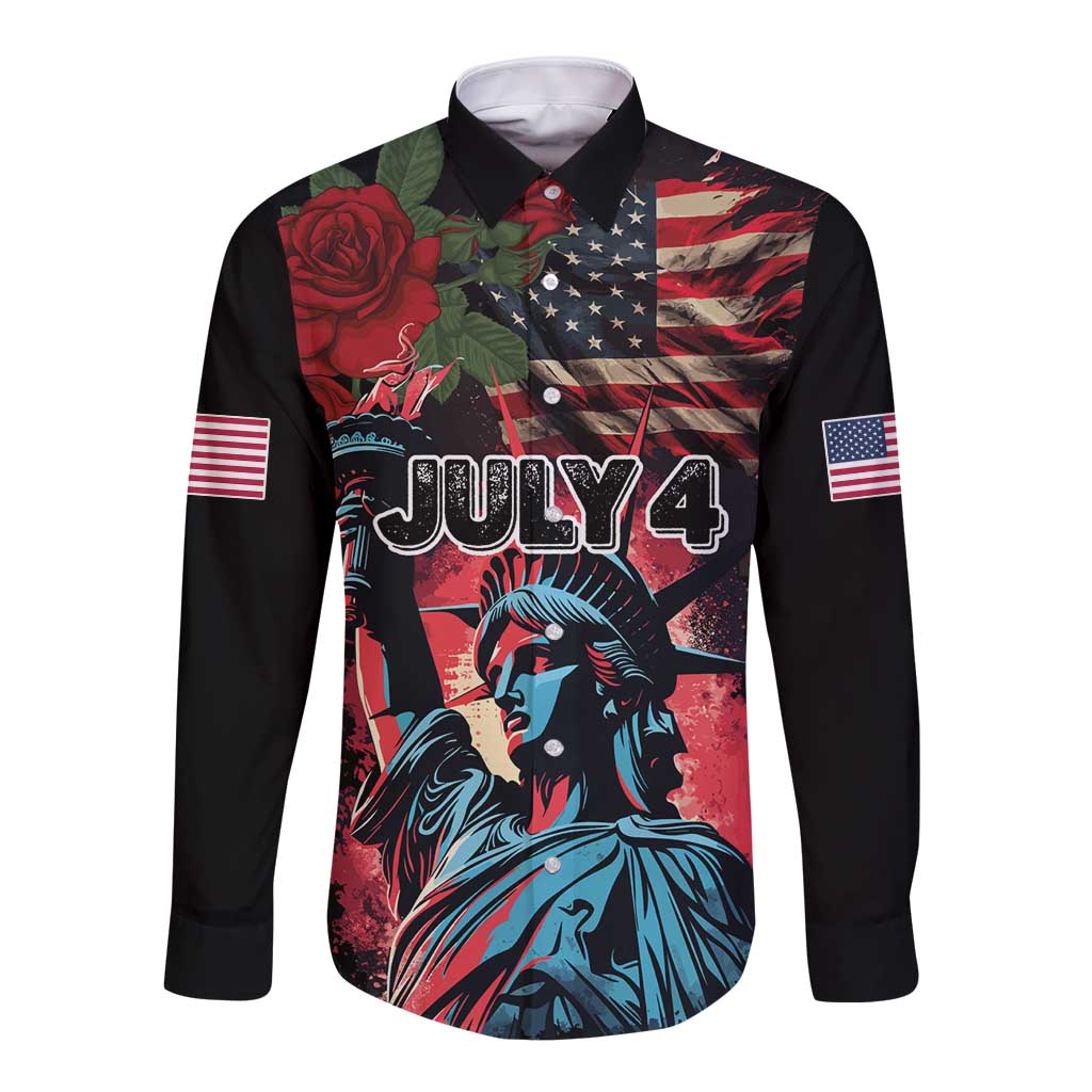 United States Independence Day Long Sleeve Button Shirt The 4th of July Statue of Liberty Retro Style - Wonder Print Shop