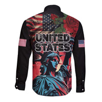 United States Independence Day Long Sleeve Button Shirt The 4th of July Statue of Liberty Retro Style - Wonder Print Shop