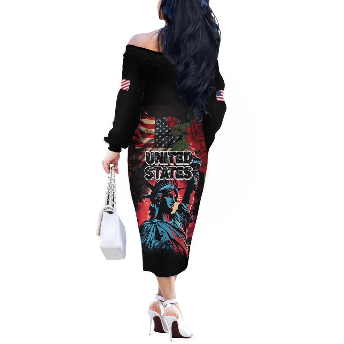 United States Independence Day Off The Shoulder Long Sleeve Dress The 4th of July Statue of Liberty Retro Style - Wonder Print Shop