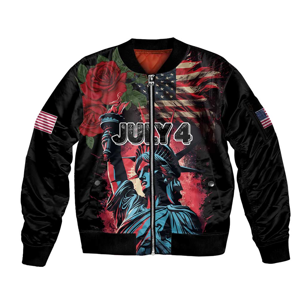 United States Independence Day Sleeve Zip Bomber Jacket The 4th of July Statue of Liberty Retro Style - Wonder Print Shop