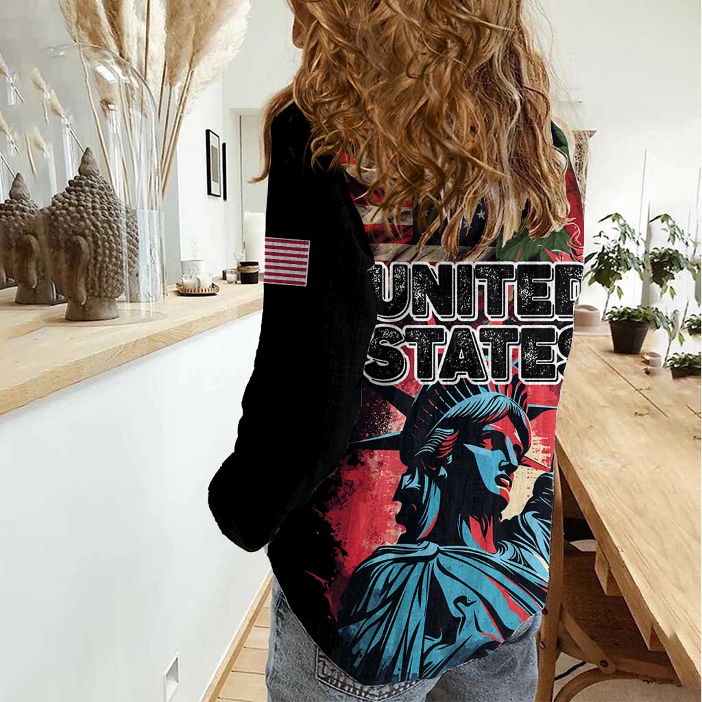 United States Independence Day Women Casual Shirt The 4th of July Statue of Liberty Retro Style - Wonder Print Shop