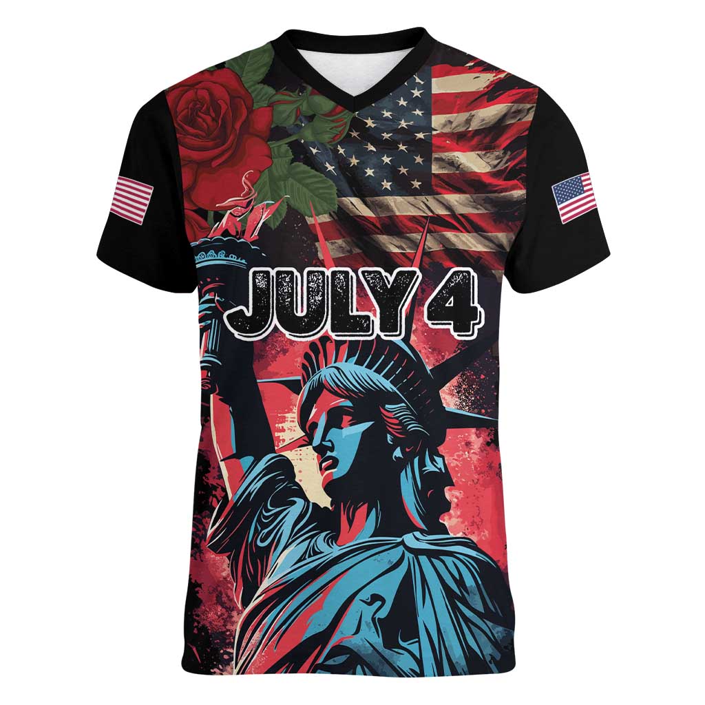 United States Independence Day Women V-Neck T-Shirt The 4th of July Statue of Liberty Retro Style - Wonder Print Shop