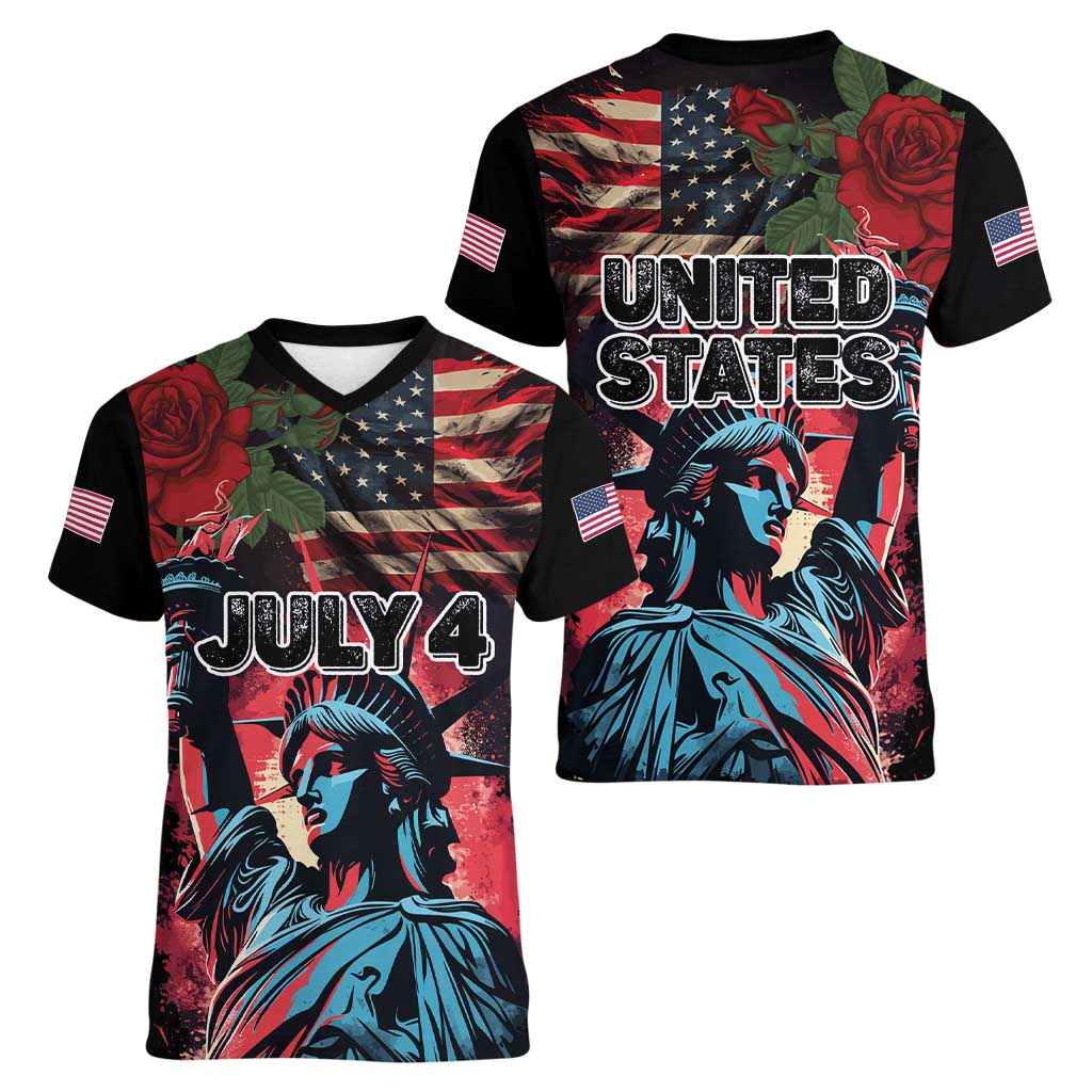 United States Independence Day Women V-Neck T-Shirt The 4th of July Statue of Liberty Retro Style - Wonder Print Shop