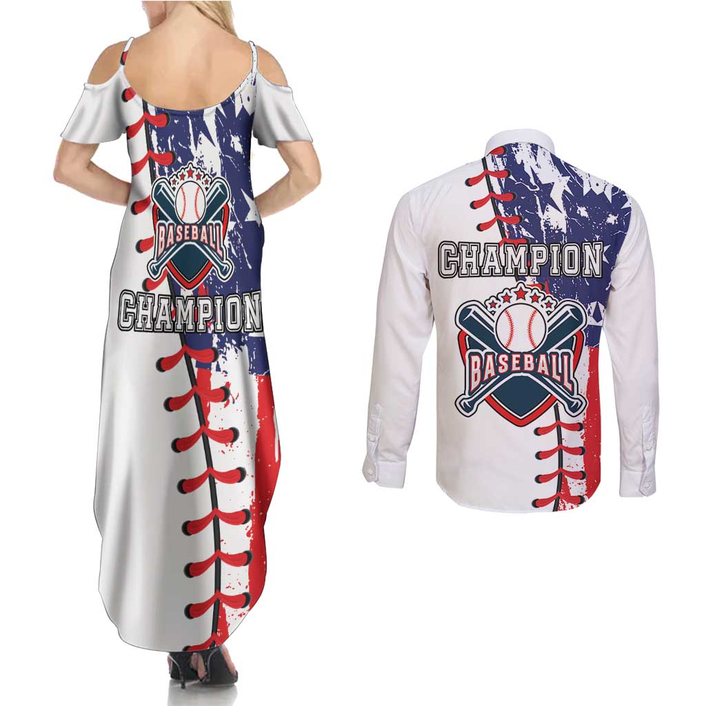 American Baseball Couples Matching Summer Maxi Dress and Long Sleeve Button Shirt Go Champion 2024 - Wonder Print Shop