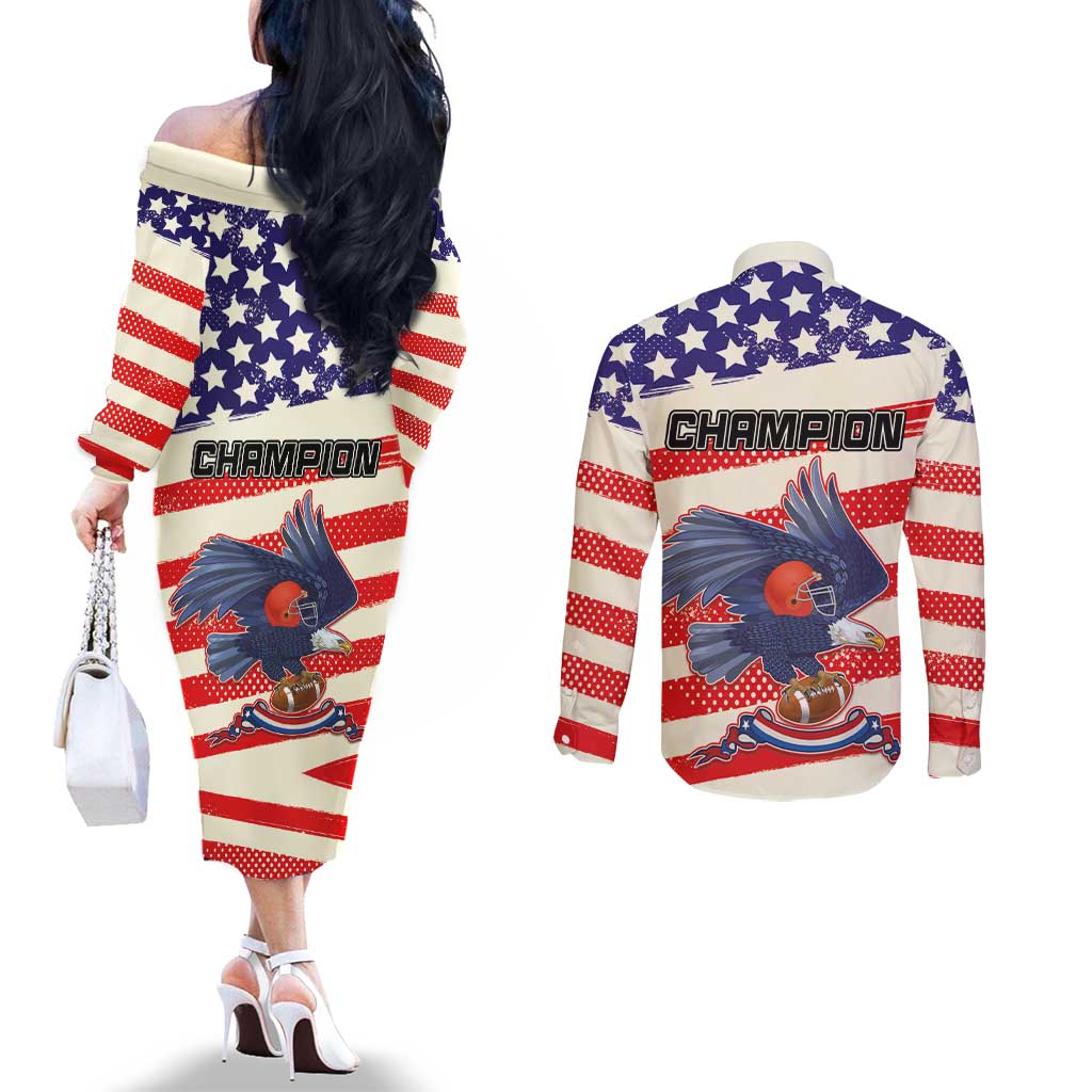 American Football Couples Matching Off The Shoulder Long Sleeve Dress and Long Sleeve Button Shirt Go Champion 2024