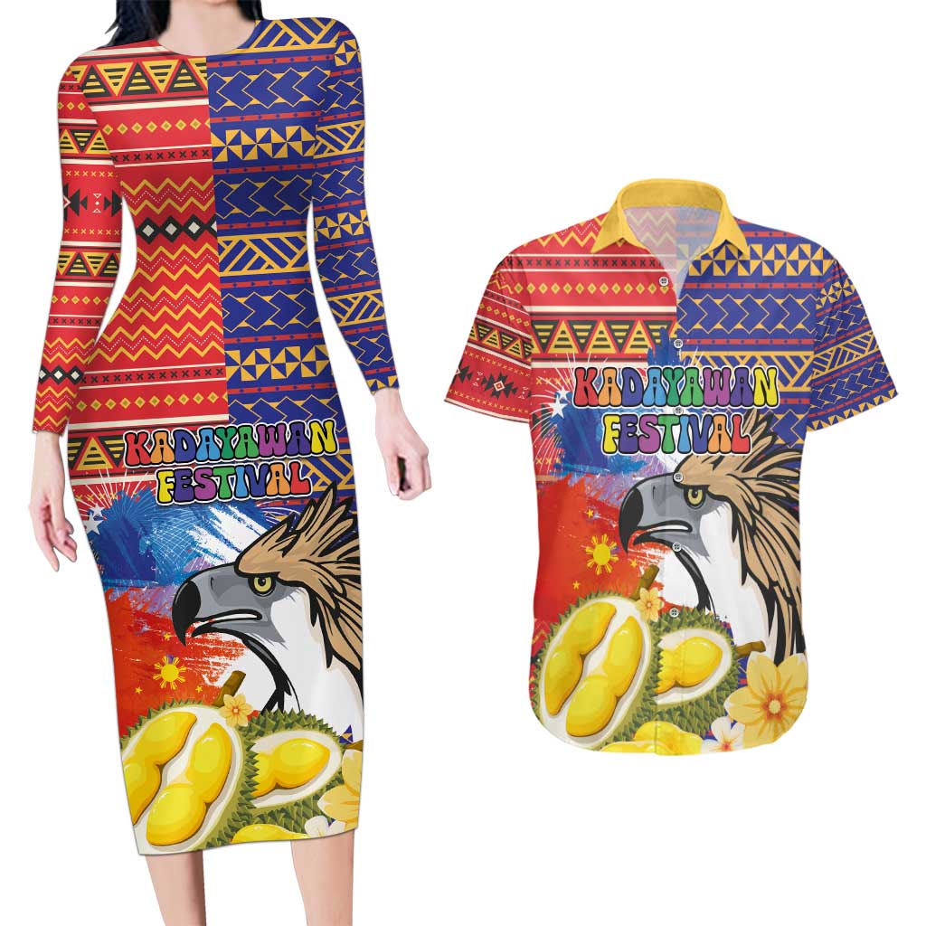 Philippines Kadayawan Couples Matching Long Sleeve Bodycon Dress and Hawaiian Shirt Filipino Eagle Durian with Polynesian and Igorots Pattern - Wonder Print Shop