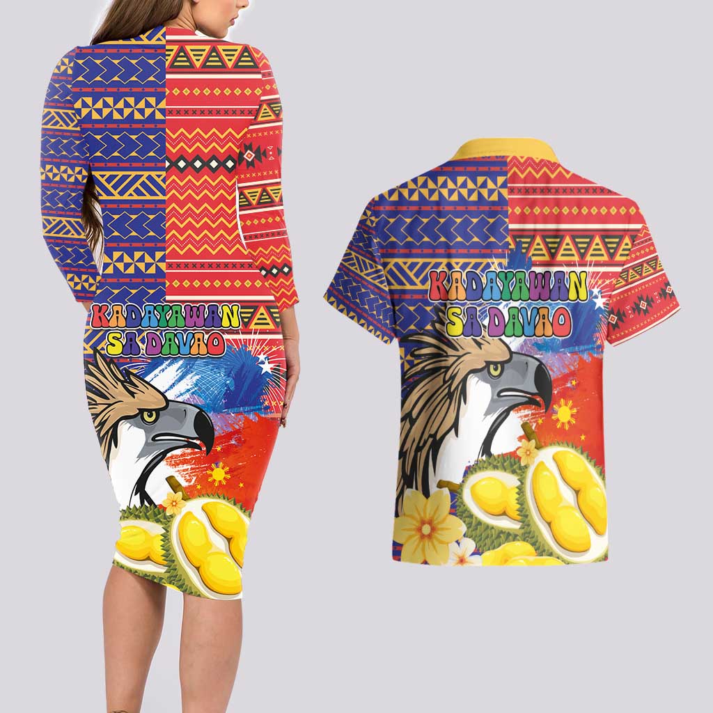Philippines Kadayawan Couples Matching Long Sleeve Bodycon Dress and Hawaiian Shirt Filipino Eagle Durian with Polynesian and Igorots Pattern - Wonder Print Shop