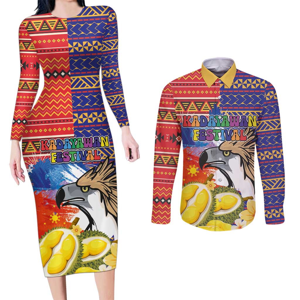 Philippines Kadayawan Couples Matching Long Sleeve Bodycon Dress and Long Sleeve Button Shirt Filipino Eagle Durian with Polynesian and Igorots Pattern - Wonder Print Shop