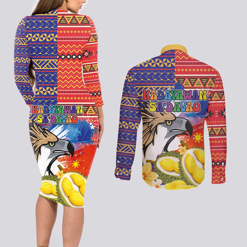 Philippines Kadayawan Couples Matching Long Sleeve Bodycon Dress and Long Sleeve Button Shirt Filipino Eagle Durian with Polynesian and Igorots Pattern - Wonder Print Shop