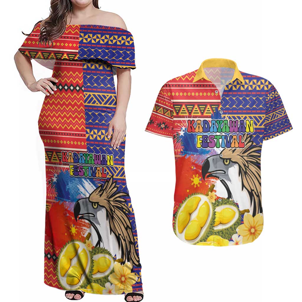 Philippines Kadayawan Couples Matching Off Shoulder Maxi Dress and Hawaiian Shirt Filipino Eagle Durian with Polynesian and Igorots Pattern - Wonder Print Shop