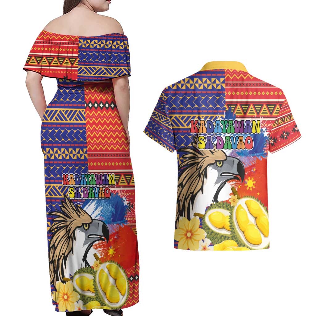 Philippines Kadayawan Couples Matching Off Shoulder Maxi Dress and Hawaiian Shirt Filipino Eagle Durian with Polynesian and Igorots Pattern - Wonder Print Shop