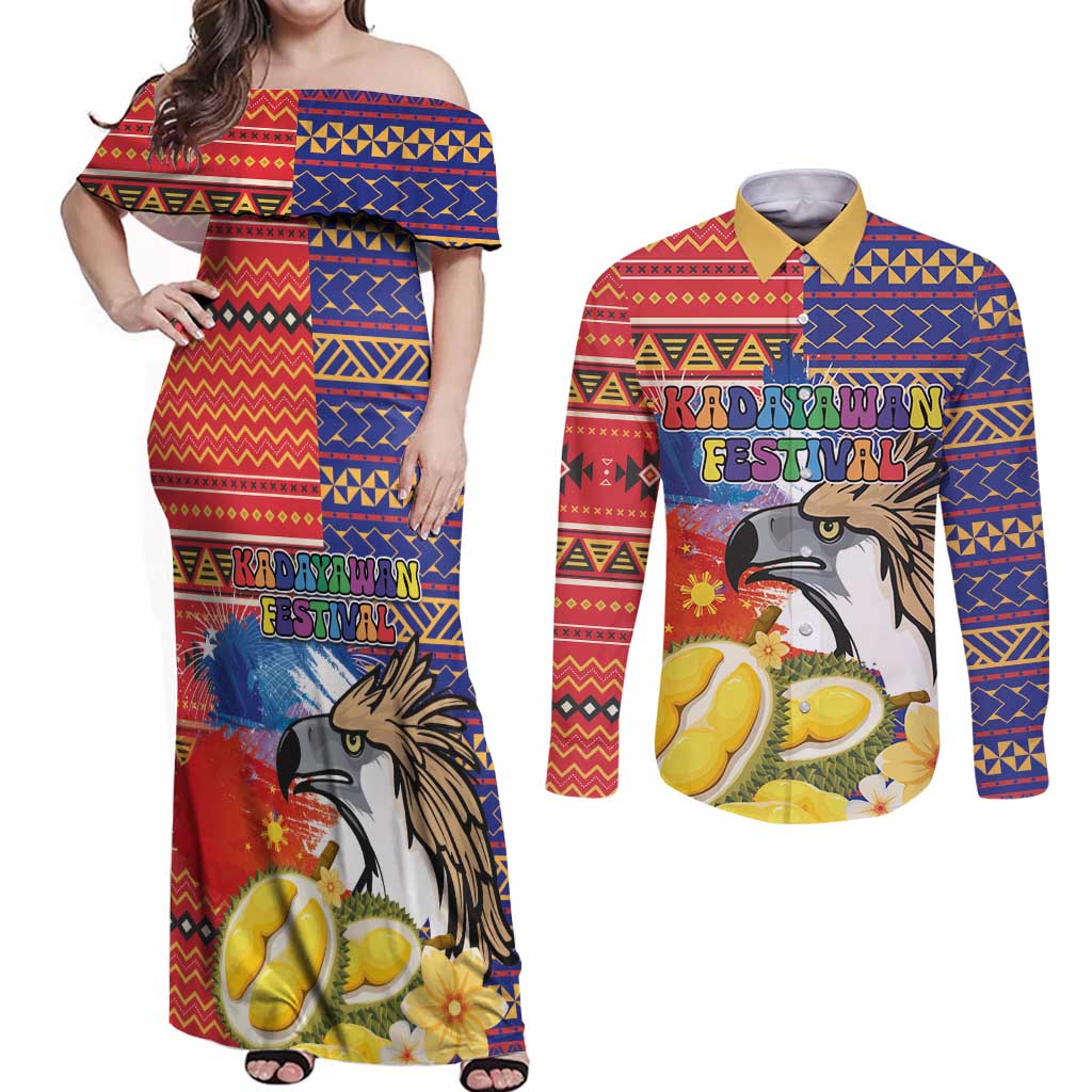 Philippines Kadayawan Couples Matching Off Shoulder Maxi Dress and Long Sleeve Button Shirt Filipino Eagle Durian with Polynesian and Igorots Pattern - Wonder Print Shop