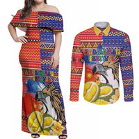Philippines Kadayawan Couples Matching Off Shoulder Maxi Dress and Long Sleeve Button Shirt Filipino Eagle Durian with Polynesian and Igorots Pattern - Wonder Print Shop