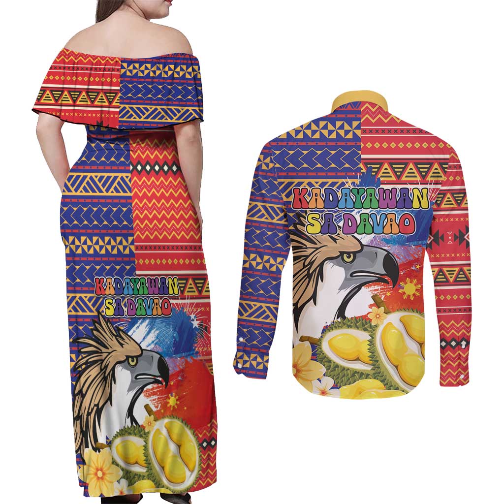 Philippines Kadayawan Couples Matching Off Shoulder Maxi Dress and Long Sleeve Button Shirt Filipino Eagle Durian with Polynesian and Igorots Pattern - Wonder Print Shop