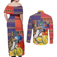 Philippines Kadayawan Couples Matching Off Shoulder Maxi Dress and Long Sleeve Button Shirt Filipino Eagle Durian with Polynesian and Igorots Pattern - Wonder Print Shop