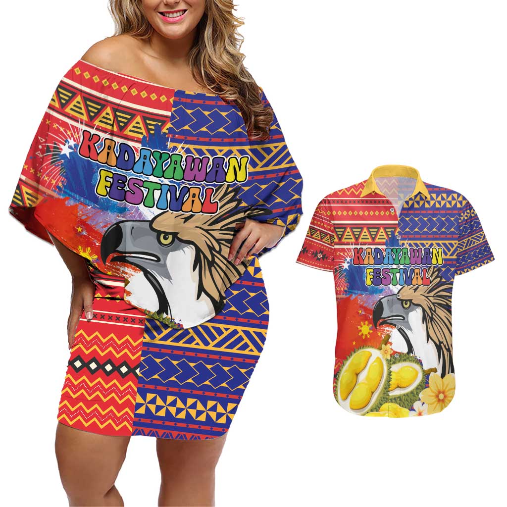 Philippines Kadayawan Couples Matching Off Shoulder Short Dress and Hawaiian Shirt Filipino Eagle Durian with Polynesian and Igorots Pattern - Wonder Print Shop