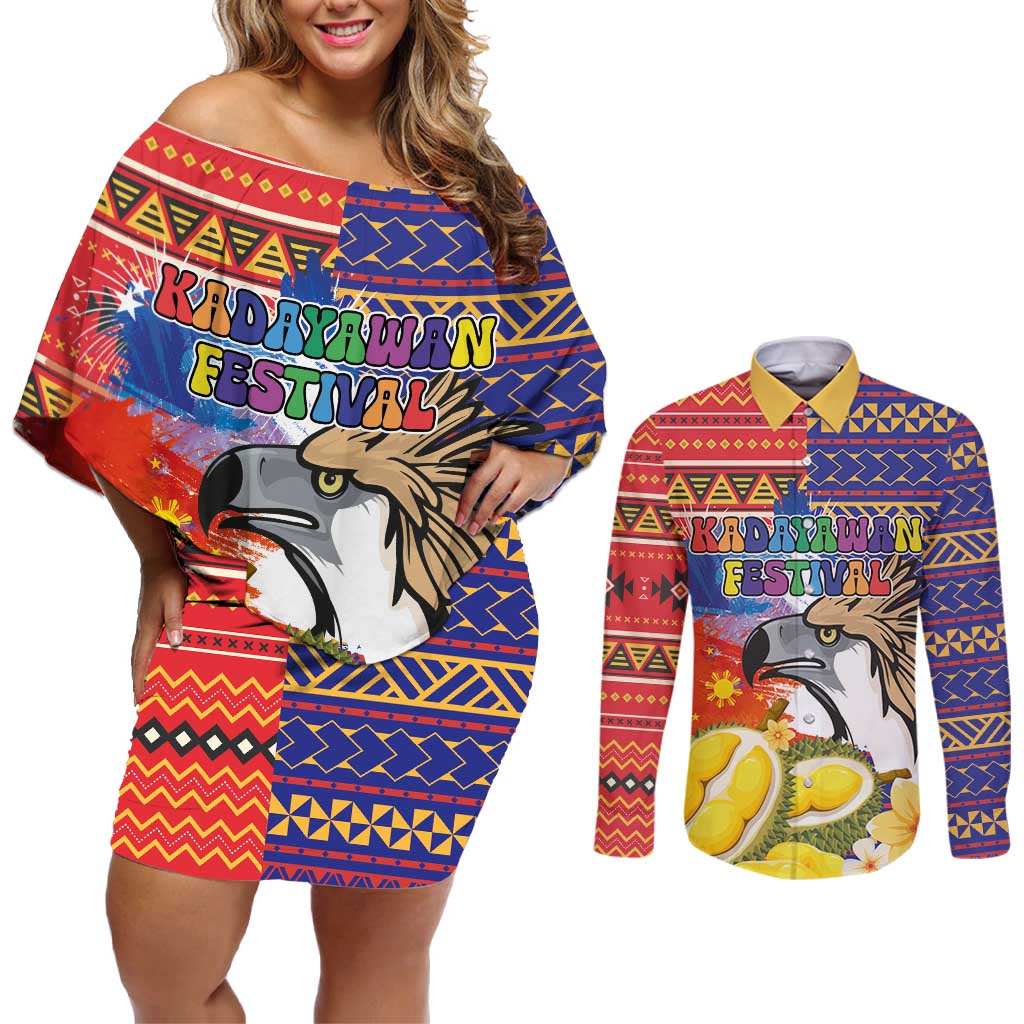 Philippines Kadayawan Couples Matching Off Shoulder Short Dress and Long Sleeve Button Shirt Filipino Eagle Durian with Polynesian and Igorots Pattern - Wonder Print Shop