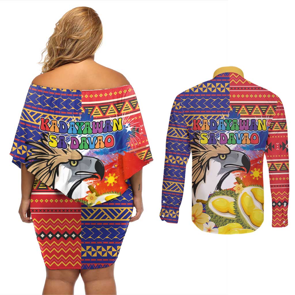 Philippines Kadayawan Couples Matching Off Shoulder Short Dress and Long Sleeve Button Shirt Filipino Eagle Durian with Polynesian and Igorots Pattern - Wonder Print Shop