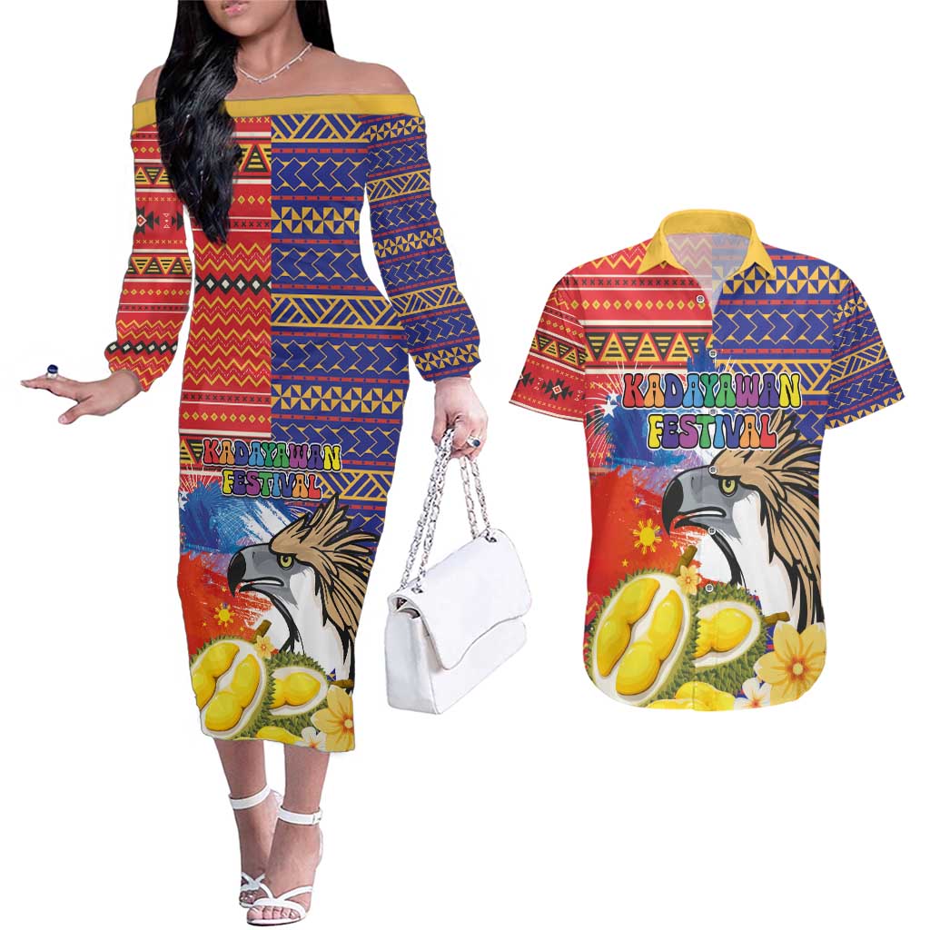 Philippines Kadayawan Couples Matching Off The Shoulder Long Sleeve Dress and Hawaiian Shirt Filipino Eagle Durian with Polynesian and Igorots Pattern - Wonder Print Shop