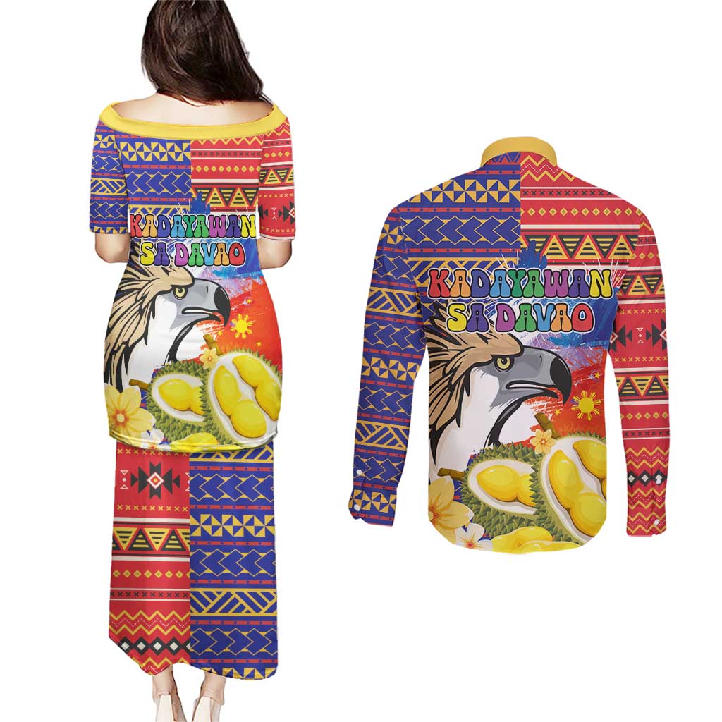 Philippines Kadayawan Couples Matching Puletasi and Long Sleeve Button Shirt Filipino Eagle Durian with Polynesian and Igorots Pattern - Wonder Print Shop