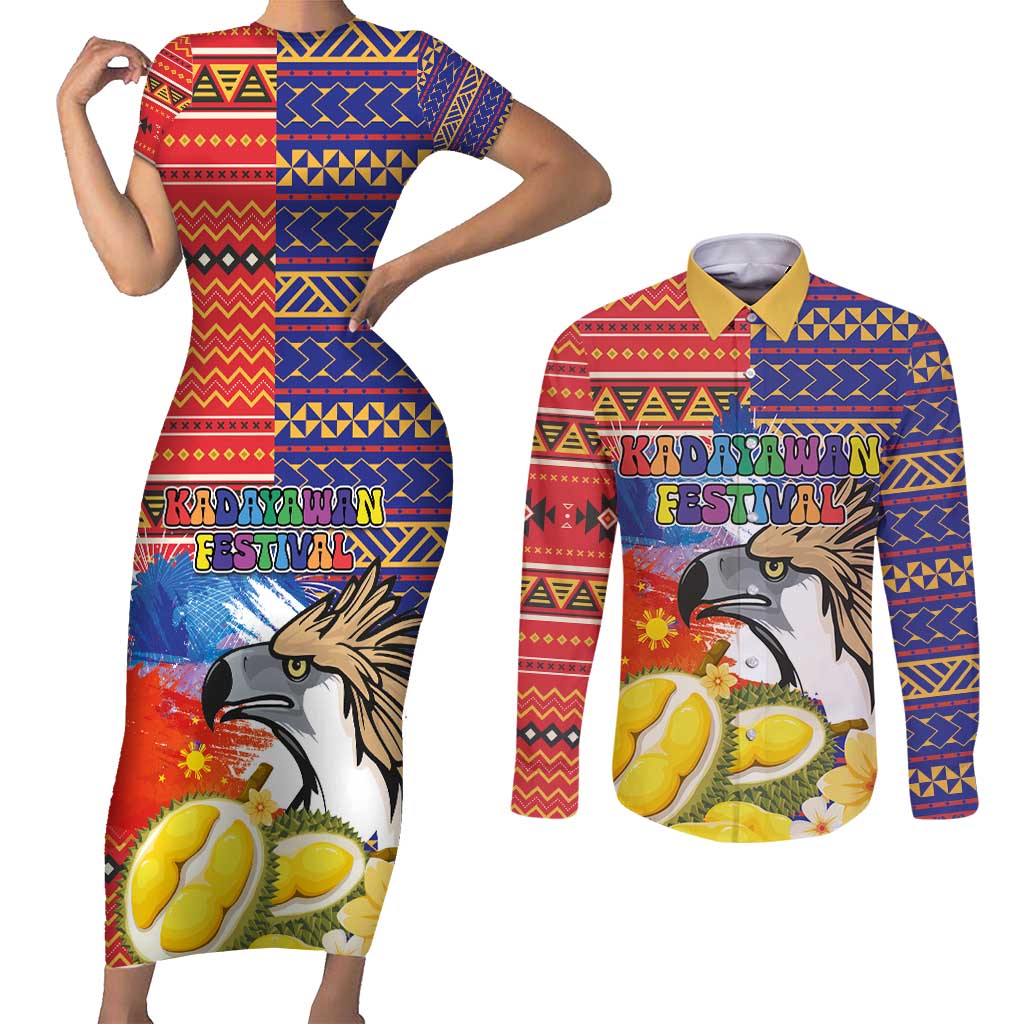 Philippines Kadayawan Couples Matching Short Sleeve Bodycon Dress and Long Sleeve Button Shirt Filipino Eagle Durian with Polynesian and Igorots Pattern - Wonder Print Shop