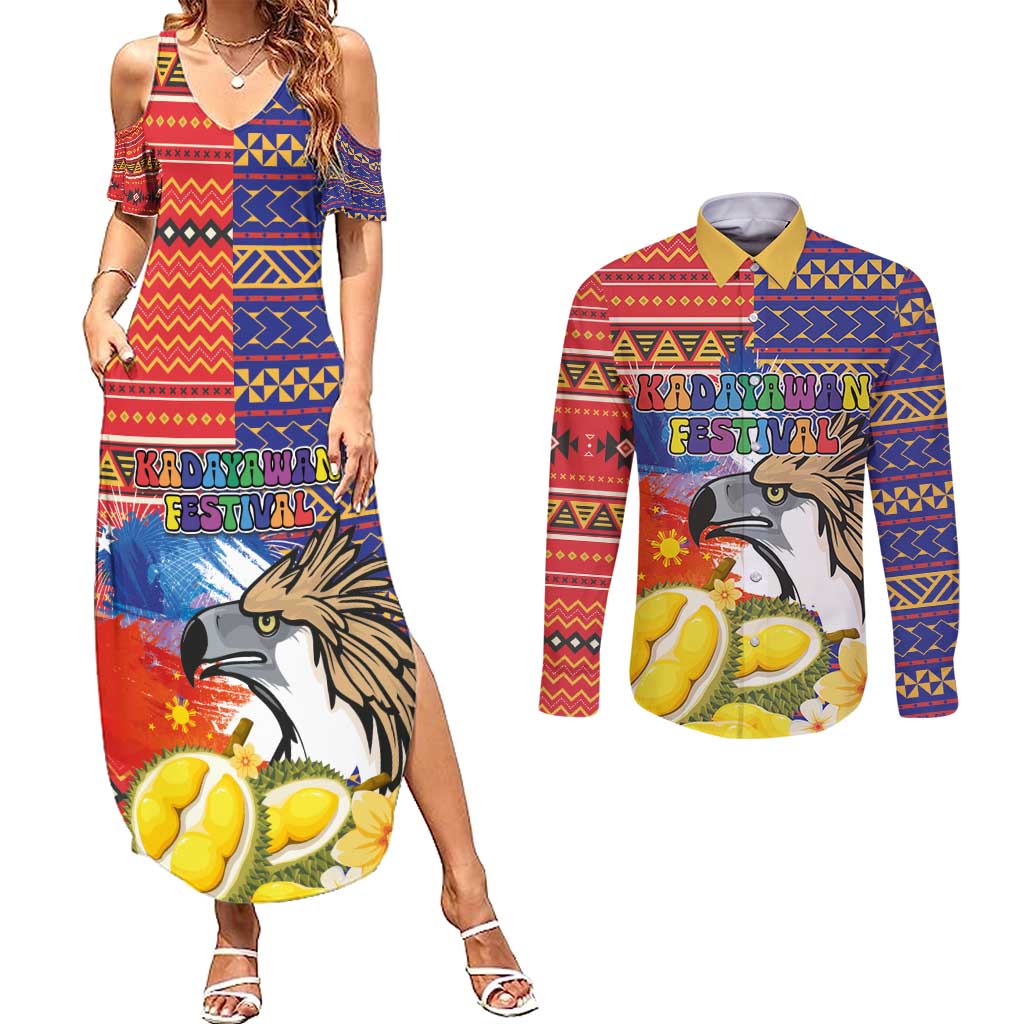 Philippines Kadayawan Couples Matching Summer Maxi Dress and Long Sleeve Button Shirt Filipino Eagle Durian with Polynesian and Igorots Pattern - Wonder Print Shop