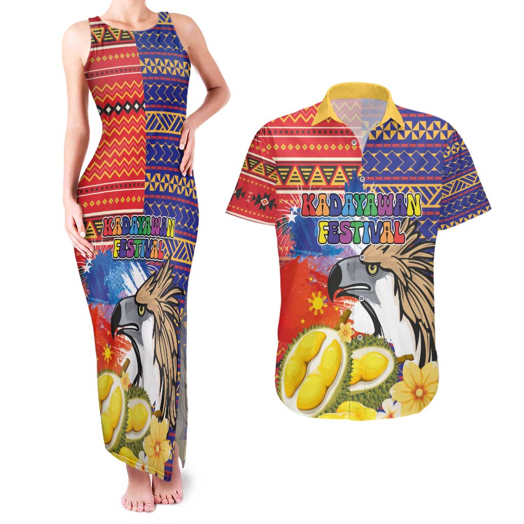 Philippines Kadayawan Couples Matching Tank Maxi Dress and Hawaiian Shirt Filipino Eagle Durian with Polynesian and Igorots Pattern - Wonder Print Shop