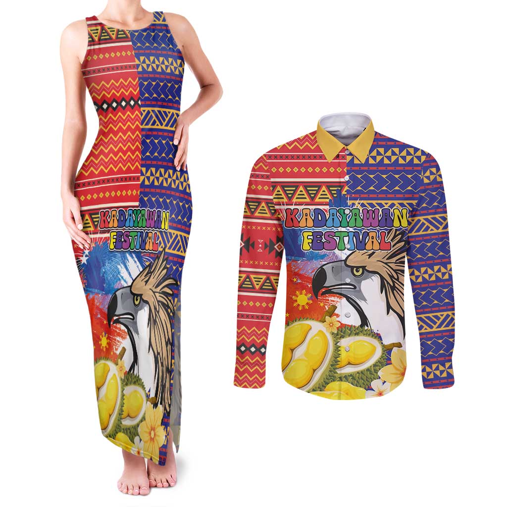 Philippines Kadayawan Couples Matching Tank Maxi Dress and Long Sleeve Button Shirt Filipino Eagle Durian with Polynesian and Igorots Pattern - Wonder Print Shop