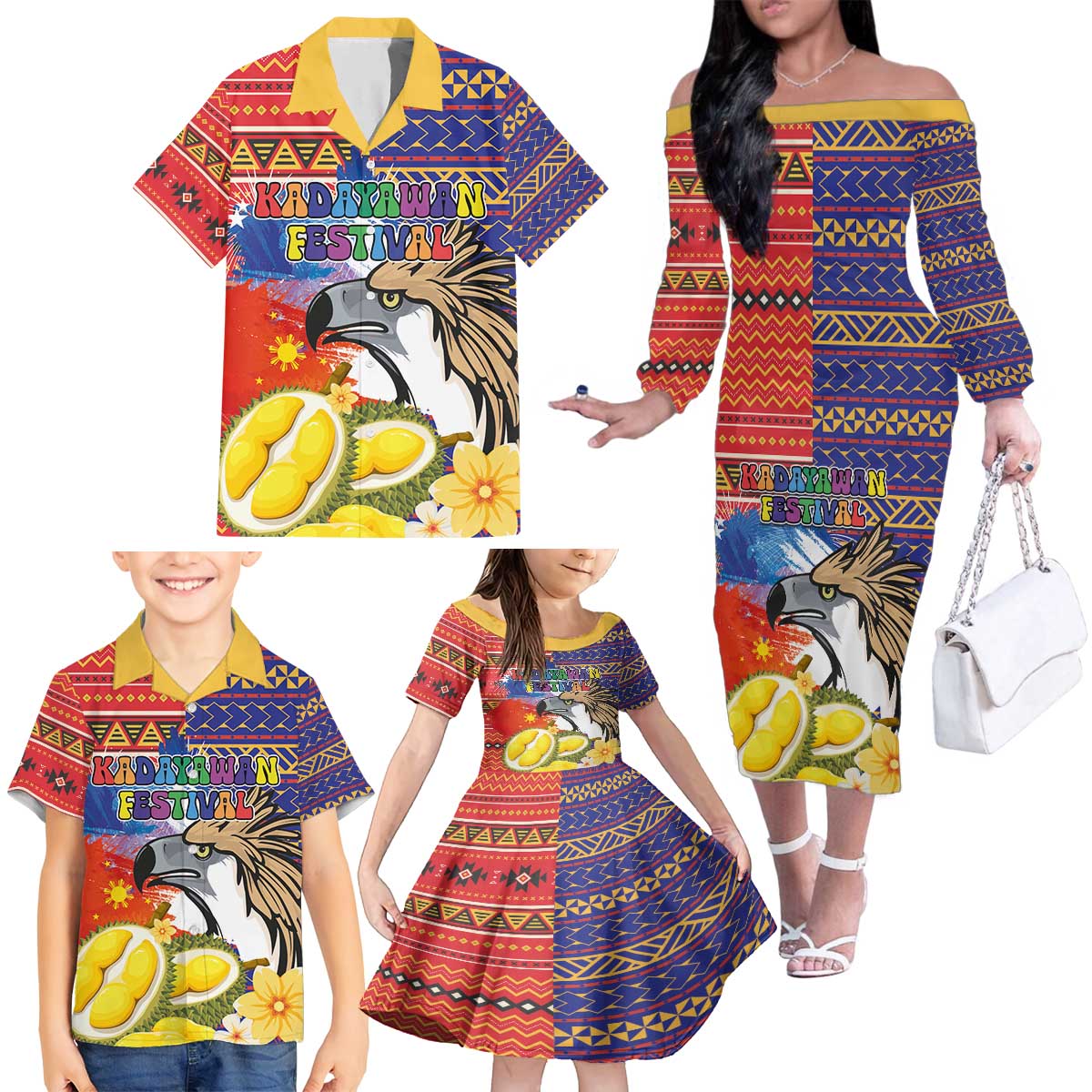 Philippines Kadayawan Family Matching Off The Shoulder Long Sleeve Dress and Hawaiian Shirt Filipino Eagle Durian with Polynesian and Igorots Pattern - Wonder Print Shop