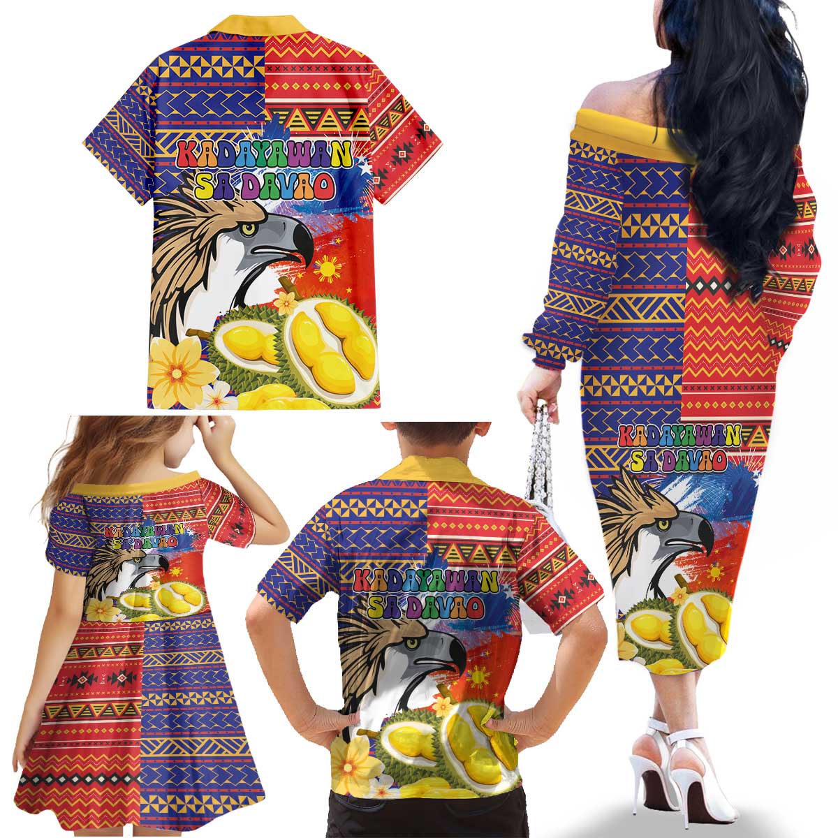 Philippines Kadayawan Family Matching Off The Shoulder Long Sleeve Dress and Hawaiian Shirt Filipino Eagle Durian with Polynesian and Igorots Pattern - Wonder Print Shop