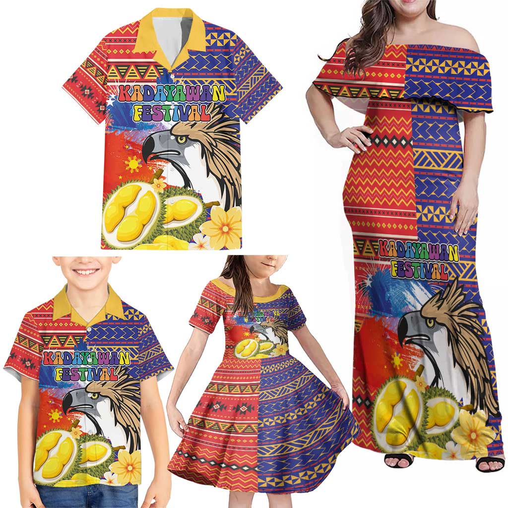 Philippines Kadayawan Family Matching Off Shoulder Maxi Dress and Hawaiian Shirt Filipino Eagle Durian with Polynesian and Igorots Pattern - Wonder Print Shop