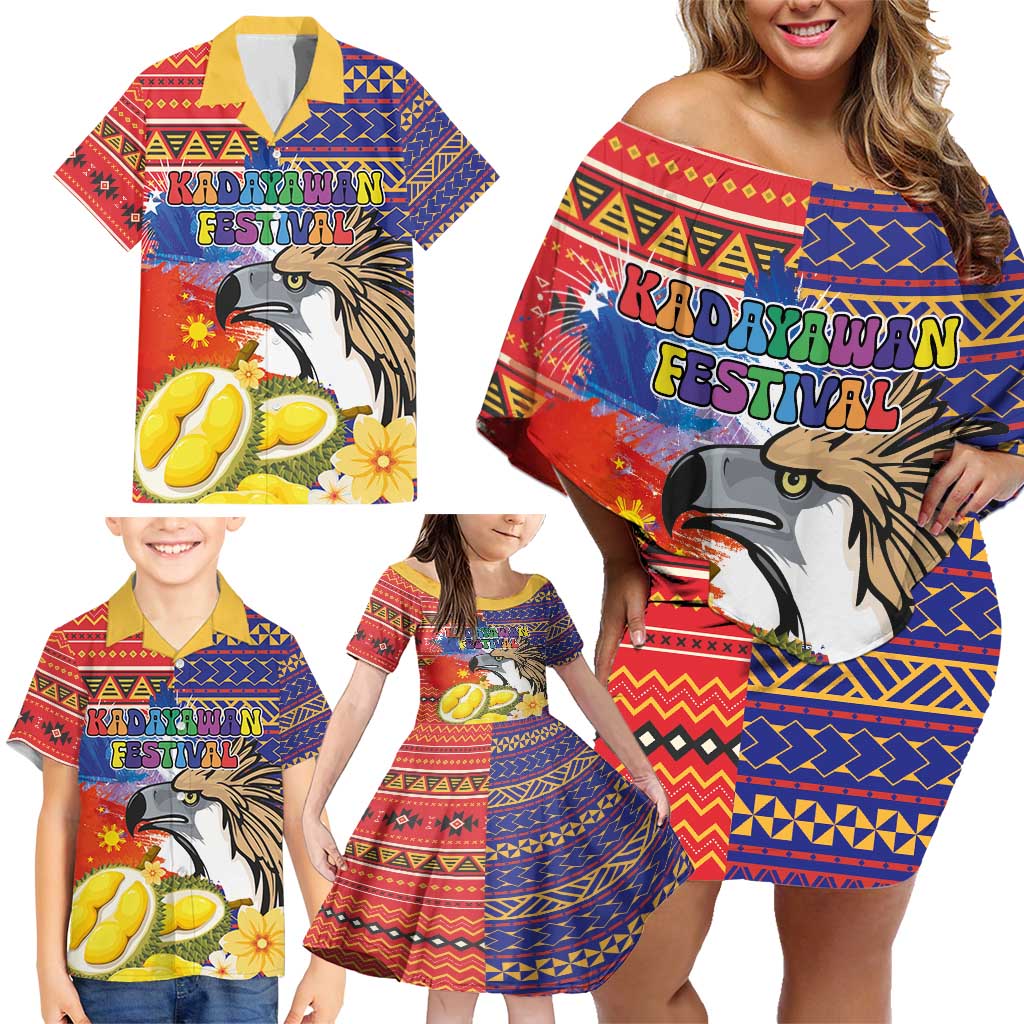 Philippines Kadayawan Family Matching Off Shoulder Short Dress and Hawaiian Shirt Filipino Eagle Durian with Polynesian and Igorots Pattern - Wonder Print Shop