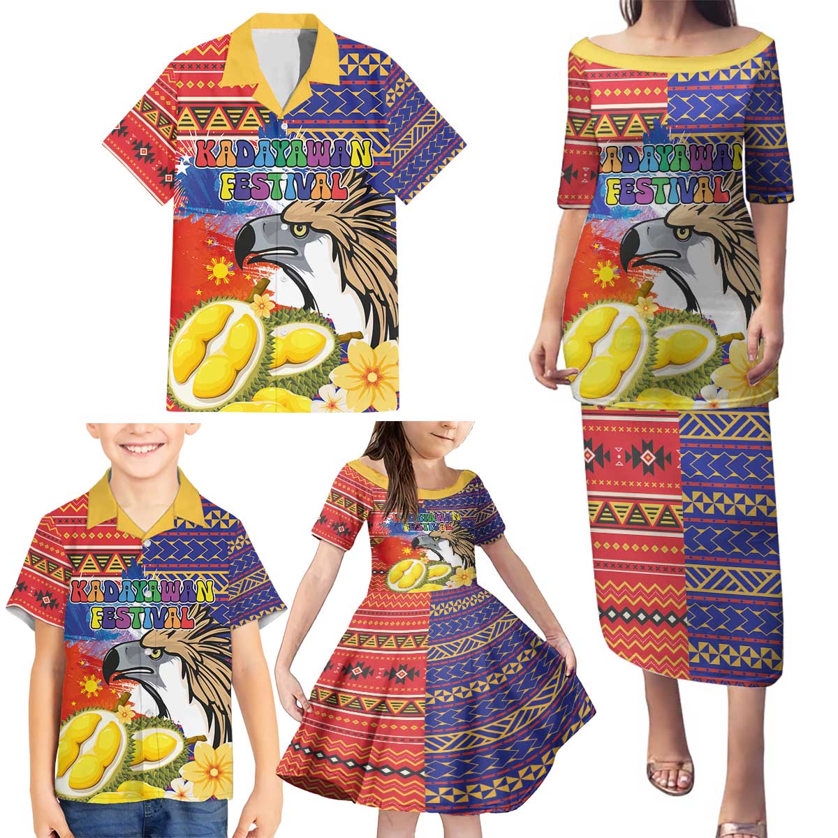 Philippines Kadayawan Family Matching Puletasi and Hawaiian Shirt Filipino Eagle Durian with Polynesian and Igorots Pattern - Wonder Print Shop