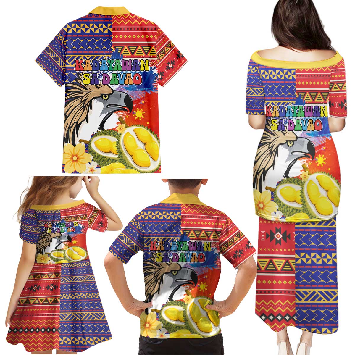 Philippines Kadayawan Family Matching Puletasi and Hawaiian Shirt Filipino Eagle Durian with Polynesian and Igorots Pattern - Wonder Print Shop