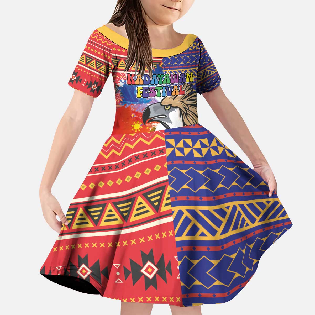 Philippines Kadayawan Kid Short Sleeve Dress Filipino Eagle Durian with Polynesian and Igorots Pattern - Wonder Print Shop