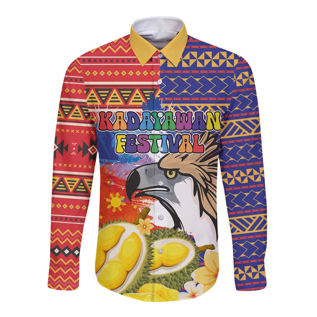Philippines Kadayawan Long Sleeve Button Shirt Filipino Eagle Durian with Polynesian and Igorots Pattern - Wonder Print Shop